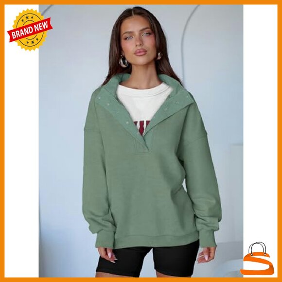 Oversized Henley Pullover Sweatshirt Loose Fit Button Collar Long Sleeve - Picture 4 of 8